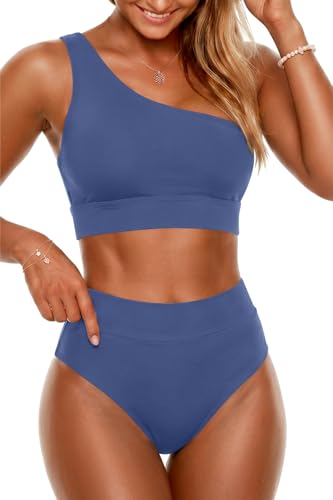 Image of Holipick One Shoulder High Wasited Bikini Set | Removable Pads, Full Coverage, Full Lining, Tummy Control, for Pool, Beach, Vacation
