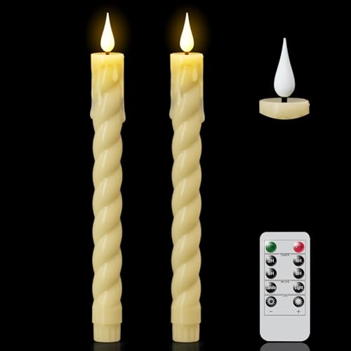 Image of Flickering Flameless Taper Candles with Remote and Timer, 2 Pack Battery Operated LED Taper Candles 3D Wick Plastic Dripping Effect Dinner Wedding Holiday Decor(Ivory, 0.78 inch D x 9.65 inch H)