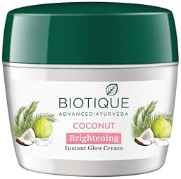 Biotique Coconut Brightening Instant Glow Cream| Lightweight and Non-Greasy | Reduces Dark Spots and Protects Ageing | Nourished and Moisturized Skin |100% Botanical Extracts| All Skin Types | 175gm