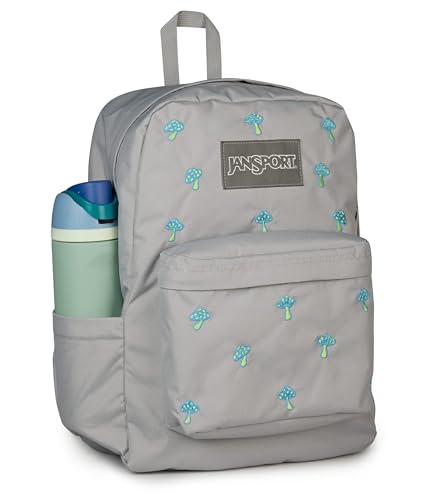 Image of JanSport Superbreak Plus FX Backpack - Work, Travel, or Laptop Bag with Water Bottle Pocket, Superbreak Plus Fx, Embroidered Shrooms Md Grey /E Azul /Bratty