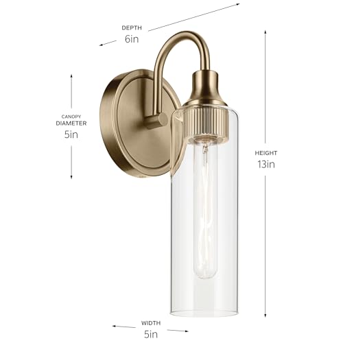 Image of Kichler Kavi 1-Light Bathroom Wall Light, Champagne Bronze | Damp-rated wall light with clear glass for baths and hallways (5 inch x 13 inch), 55209CPZ