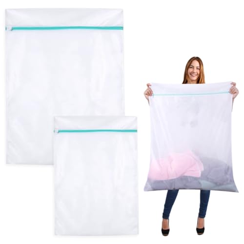 2 Pièces Filet à Linge Grande Taille 60 x 80cm + 90 x 110cm Sac de Lavage en Polyester Résistant Filet de Lavage avec Fermeture Éclair pour Couvertures, Couettes, Rideaux, Draps et Manteaux (Blanc)