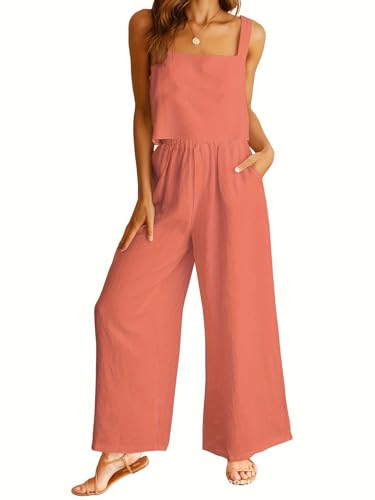 TANMESSO 2-teiliges Leinen-Lounge-Set für Damen, passende Hose und Overall für Sommer, Strandurlaub, Freizeit-Outfits, Orange, M