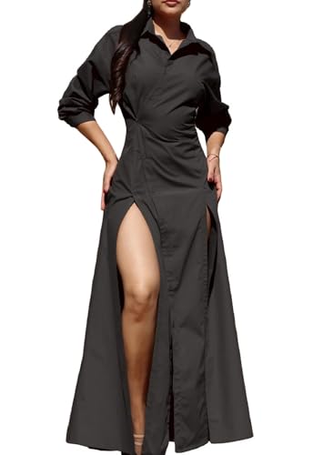 Ekaliy Women's Button Down Maxi Shirt Dress Double High Slits Long Sleeve Flowy Maxi Button-Up Dress Black L