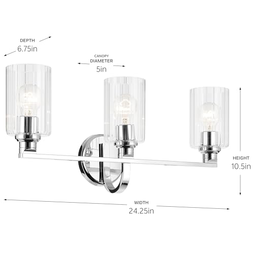 Image of Kichler Gioe 24.25 inch 3-Light Bathroom Vanity Light Fixture with Clear Fluted Glass in Chrome, Damp Rated for Bathroom Over Mirror, Modern Style (24.25 inch W x 10.5 inch H), 55226CHFLU