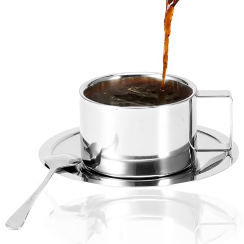 ANKROYU Stainless Steel Coffee Cups, 304 Stainless Steel Coffee Cups Double Coffee Cups Double Coffee Cups Spoon & Saucer Set Kitchenware Suitable for Cappuccino Latte Coffee
