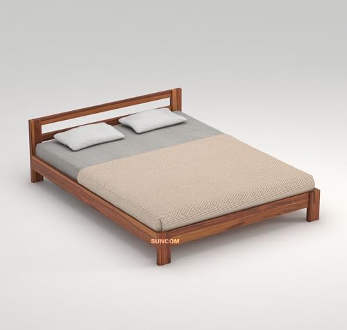 Image of SUNCOM Wooden Low Height Queen Size Bed Without Storage | Wooden Platform Bed | Space Saving Low Floor /Lying /Rise /Level /Profile Cot Bed for Bedroom | Basic Headboard | Honey Finish