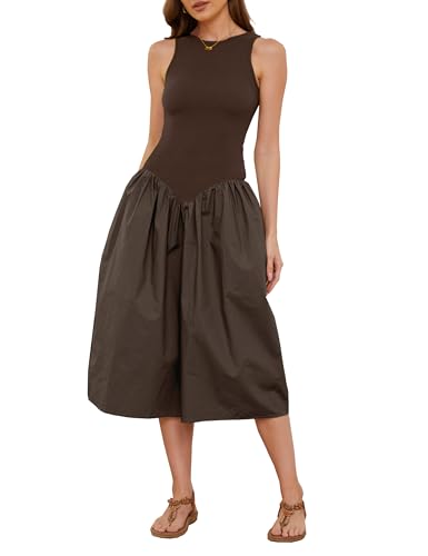 Livtany Women's Sleeveless Slim Fit Midi Dress Drop-Waist Crew Neck Patchwork Dress Ribbed a-Line Summer Dress with Pocket Brown