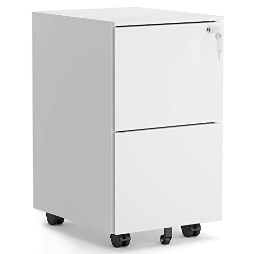 2 Drawer Locking File Cabinet with Wheels, Mobile Metal Filing Cabinet for Home and Office, Steel, White