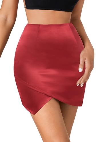 Women's Satin Silky High Waist Warp Asymmetrical Tulip Hem Bodycon Pencil Short Mini Skirt4