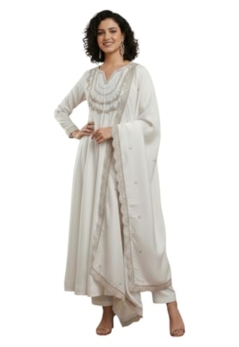 Kurta Anarkali Yashika brodé blanc en soie mélangée taille XL pour femme avec dupatta