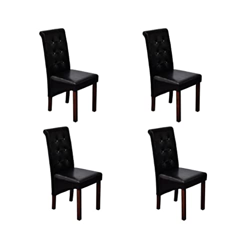 PUGYNBK Lot de 4 chaises de salle à manger design antique en cuir synthétique noir, assise et dossier ergonomiques, pieds en bois massif laqué marron foncé avec coins arrondis