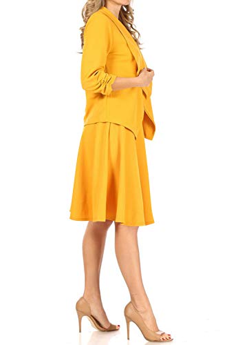 Women's Two-Piece Suit Set – 3/4 Sleeve Fitted Blazer and Midi Skirt2