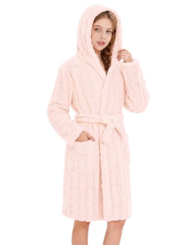 Image of JiAmy Kids Dressing Gown Soft Fleece Hooded Bathrobe 7-9 Years Pink