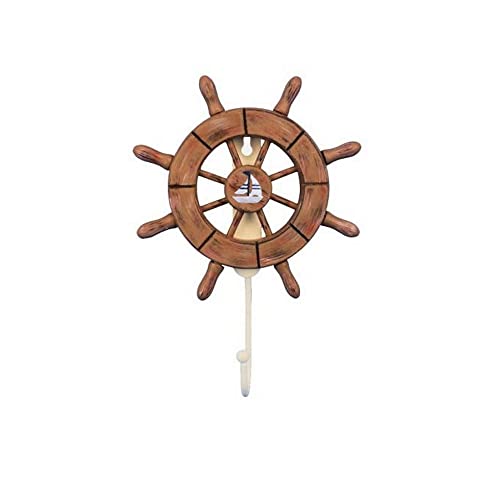 Handcrafted Nautical Decor Wheel-6-107-sailboat Rustic Wood Finish Decorative Ship Wheel with Sailboat and Hook, 6"