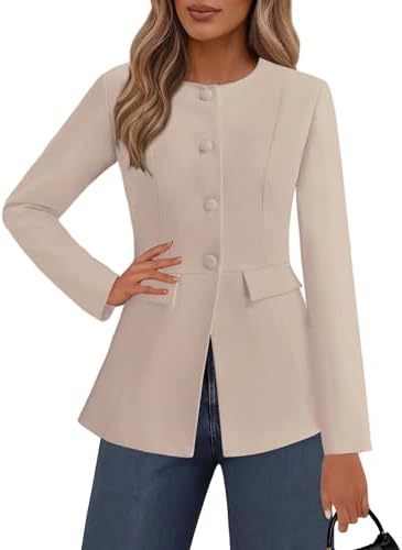 Lazysmile Blazers for Women Long Sleeve Crewneck Button Down Suit Jackets Work Office Business Casual Outfits with Pockets