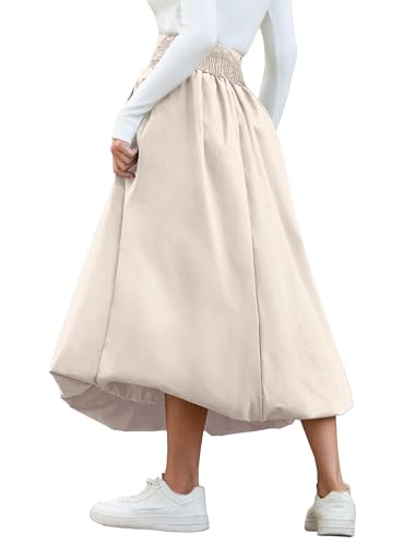 Women's Bubble Long Skirt Elastic Waist A-Line Pleated Ruffle Flowy Balloon Maxi Skirts with Pockets