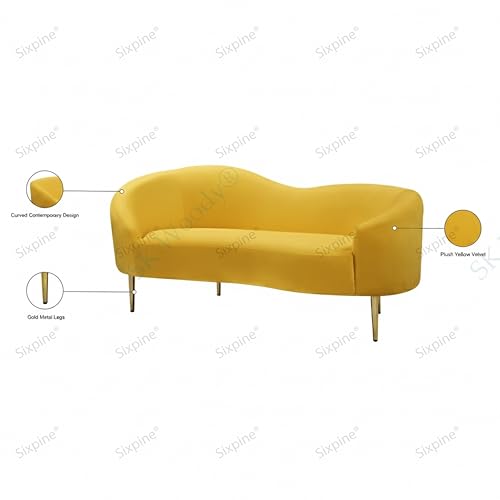 Image of Rosewood Luxury Curved Sofa in Premium Velvet-Fabric | Solid Wood Structure | High Density Foam | Sturdy Golden Legs | Comfortable & Stylish Couch for Modern Living Room (Yellow, 2 Seater)