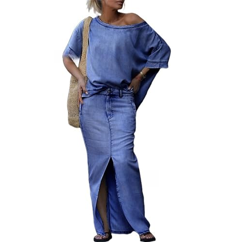 New Women's Fashion Tops Slit Skirt Two Piece Suits, Short Sleeve Asymmetric Slit Hem Tops Long Split Maxi Dress (Blue,Medium)