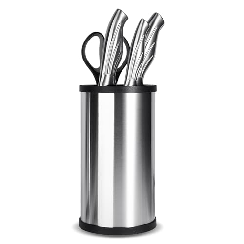 Portacoltelli da Cucina Senza Coltelli – Rotondo in Acciaio Inossidabile, Ceppo Universale con Slot per Forbici, Organizza 8+ Coltelli, Base Stabile e Antiscivolo