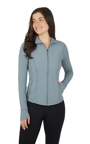 90 Degree By Reflex Womens High Neck Slim Fit Ribbed Zip Up Athletic Running Jacket With Thumbholes | Lead | Xs