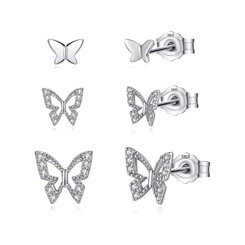SAKUNALA 925 Sterling Silver Stud Earrings for Women Girls, 3 Pairs Silver 3D Butterfly Stud Earrings with Cubic Zirconia Small Sleeper Studs Earrings Christmas Earrings Xmas Jewellery Gifts Cover