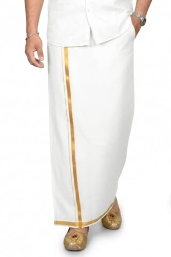 Image of TUNI MANI Men's South Indian Traditional Readymade Polyester Welcro Dhoti With side Pocket | Adjustable for all Size (28 inch-44 inch inches)