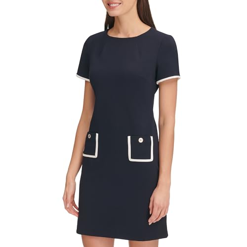 Image of Tommy Hilfiger Women's Short Sleeve Jewel Neck Contrast Piping Mini Shift Dress