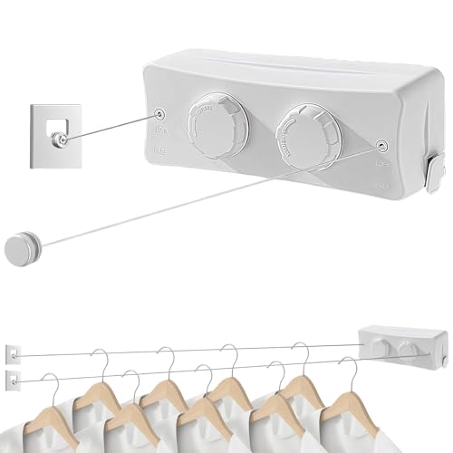 Corde à Linge Rétractable pour Intérieur et Extérieur, 2 x 5.1M Acier Inoxydable Fil a Linge Retractable, Étendoir à Linge Gain de Place (Blanc)