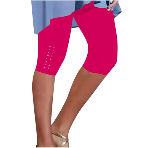 Sinzelimin Women's Yoga Leggings Cropped Base Pants Fashion Rhinestones Solid Color Stretchy Elastic Waist Tights Shorts Hot Pink Medium