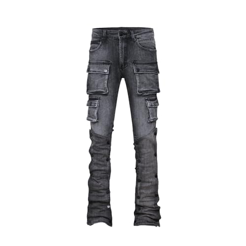 Men's Trendy Denim Elastic Zipper Button Mid Waist Workwear Pocket Jeans