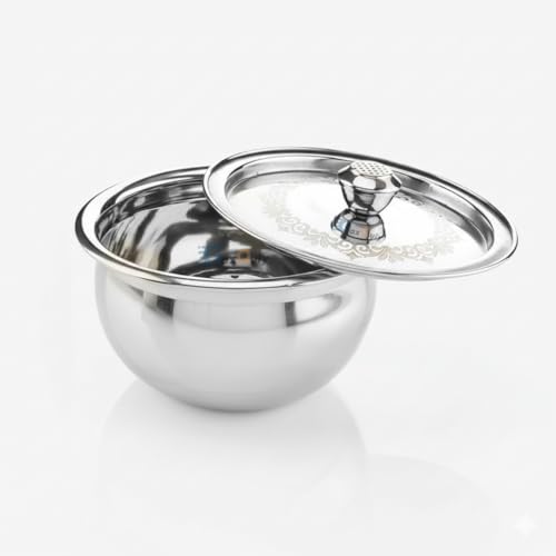 Image of Stainless Steel Cook and Serve Handi Panjabi Biryani Serving Bowl Milk Pot Pan Patila with Lid Laser Finished Gas & Induction Compatible Multipurpose Utensil 500 ml (Steel 1pc)