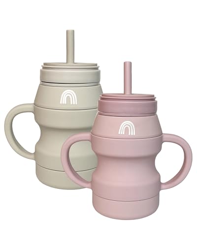 Image of Hippypotamus Silicone Transition Cups - Squeeze-Proof Toddler Cups With Straw & Lid - Removable Handles - Set of 2 (Blush/Nude)