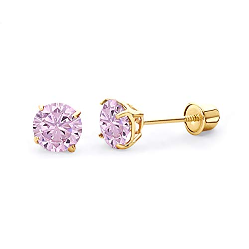 14k REAL Yellow Gold 5mm Round Birststone Color Solitaire Basket Set Stud Earrings with Screw Back