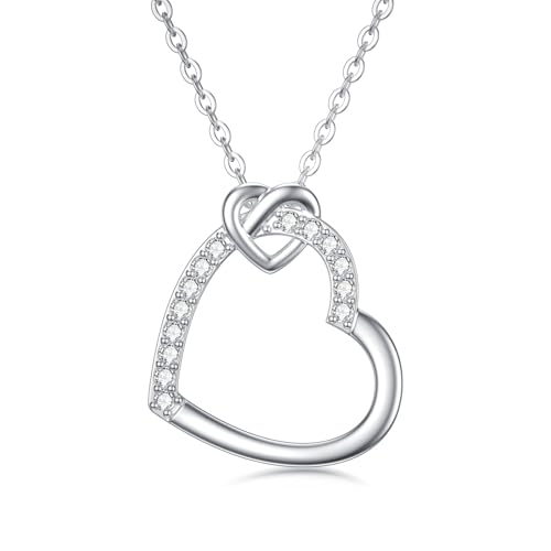 Solid 14K White Gold Heart Necklace for Women, Gold Infinity Heart Pendant with Moissanite Diamond Necklace Anniversary Mothers Day Gifts for Mom Her Wife Girlfriend, 16+2 Inches