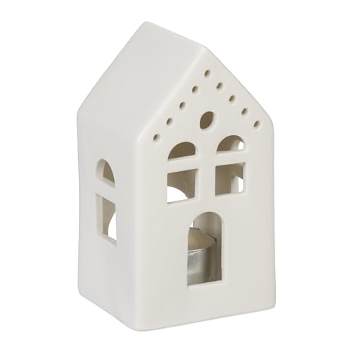 Relaxdays Casetta Portacandele in Ceramica, Casa Luminosa Porta-Tealight, per 1 Candelina, HLP: 12 x 6,5 x 6 cm, Bianco