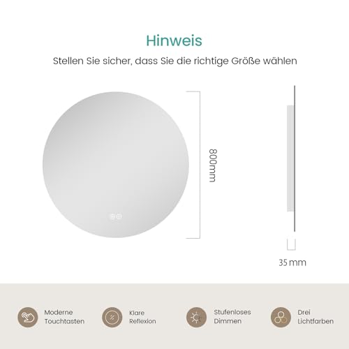 EMKE Runder Badspiegel mit Beleuchtung 80 cm, Dimmbar – Ansicht 6