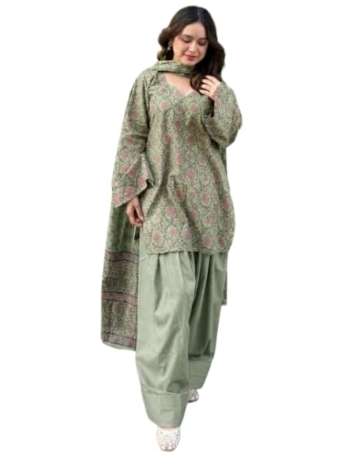 Image of ANNI Designer Farshi Salwar Suit for Women Cotton Printed | Kurta Dupatta Set for Woman | Straight Palazzo Outfit Round Neck V-Slit Long Sleeve Ethnic Dress Stylish Womens Clothing