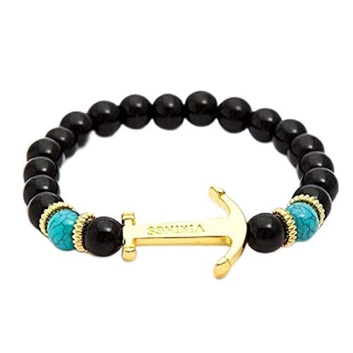 Bracelet de perles turquoise et pierre brillante noire avec ancre de mode
