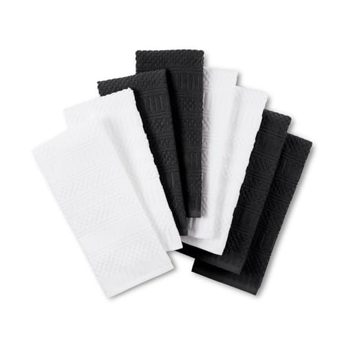 KitchenAid Cotton Classics Textured Solid Antimicrobial Kitchen Towels 8-Pack, Absorbent 100% Cotton, Matte Black/White, 17”x28”