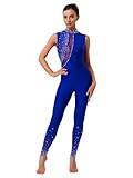 ranrann Femme Justaucorps Gymnastique sans Manches Strass Combinaison Leotard Danse Ballet Unitard Patinage Artistique Compétition Spectacle Bleu royal S