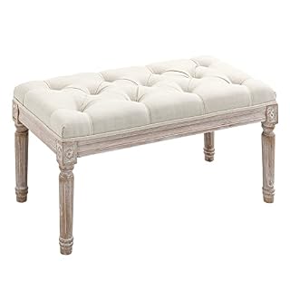 HOMCOM Banc Banquette Classique capitonné 80cm Bout de lit Rembourrée en Lin – Bois d’hévéa sculpté, patiné – Beige - Les Beatles, Paul McCartney, John Lennon, RIngo Starr, George Harrison