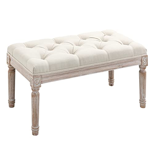 HOMCOM Banc Banquette Classique capitonné 80cm Bout de lit Rembourrée en Lin - Bois d'hévéa sculpté, patiné - Beige