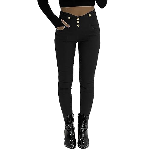 Women's Skinny Leg Jeans Style Gold Buttons Side Panel Detail Trousers Stretchy High Waist Jeggings Slim-Fitting (UK, Alpha, L, XL, Regular, Regular, Black)