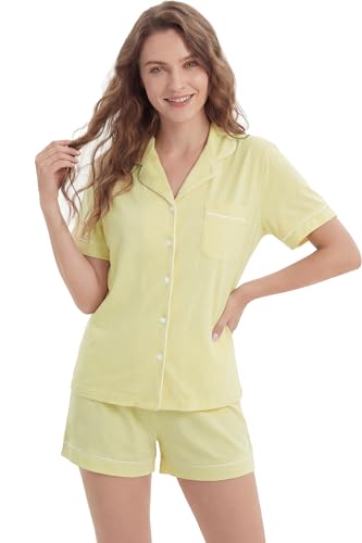 Image of LUBOT 100% Cotton Pajamas for Women 2 Piece PJ Set Button-Down Soft Knit Short Sleeve Summer Sleepwear Loungewear XS-XXL