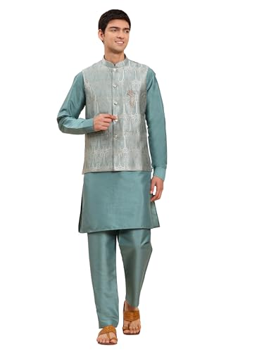 Mens Indian Traditional Cotton Kurta Set With Jacquard Silk Jacket (Waistcoat) For Men (C-117)