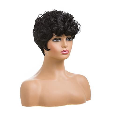 Natural Black Short Pixie Cut Wigs For Black Women Curly Hair Replacement Short Black Layered Wavy Wigs With Bangs (Natural Black #1B) #TOP1