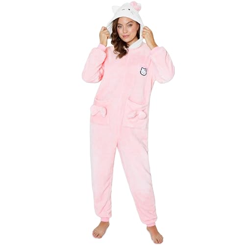 Hello Kitty Sanrio One Piece pyjamas för kvinnor tonåringar Kawaii fleece myskläder mjuka nattkläder jumpsuit pyjamas gåvor för kvinnor, Rosa, L