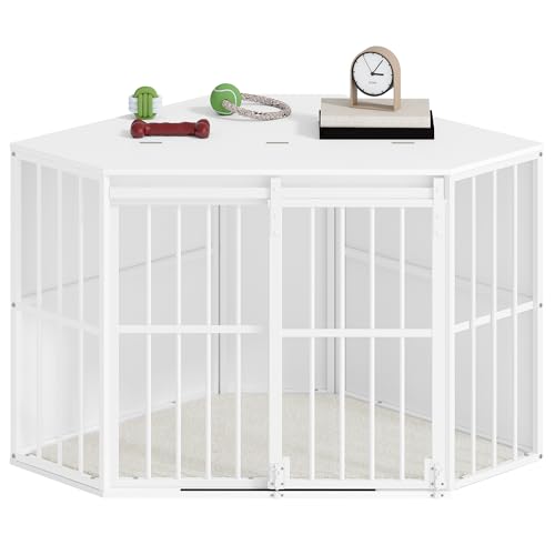 Hzuaneri Eck-Hundekäfig, Hundebox für Zuhause, Hundekäfig Möbel mit Kissen und Schiebetüren, Moderne Hundebox Holz Indoor Klappdeckel für Mittelgroße Kleine Hunde, 107 x 59,6 x 64 cm, Weiß DFC85903W