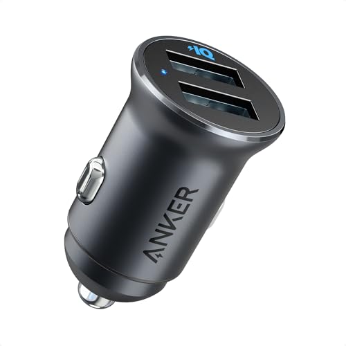 Anker Carregador Veicular 320 (24W II), Carregador Carro USB com 2 Portas USB-A, Carregamento Rápido, Mini em Alumínio com LED Azul, Compatível com iPhone, iPad Pro/Air 2/Mini, Galaxy e Mais (Preto)